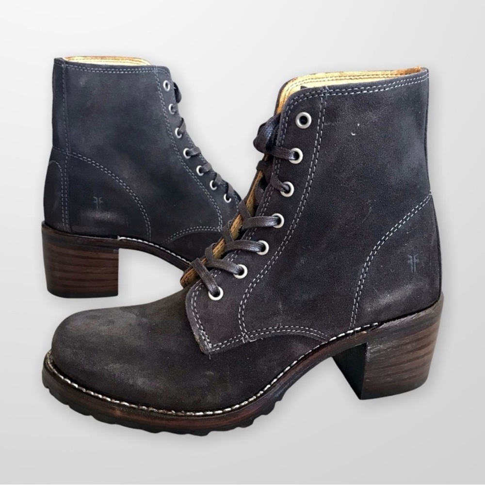 RARE Frye Sabrina 6G Grey Suede/Leather Lace Up Combat Moto Heeled Ankle Booties